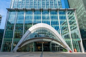View of the CityPoint skyscraper located on Ropemaker Street on the northern fringe of the City of London, the main financial district and historic nucleus of London