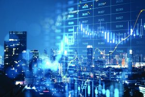 Abstract glowing big data forex candlestick chart on blurry city backdrop