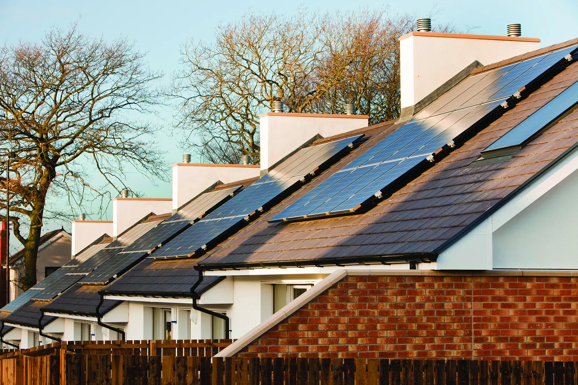 Houses being built with solar panels on the roof in Sunderland, UK.