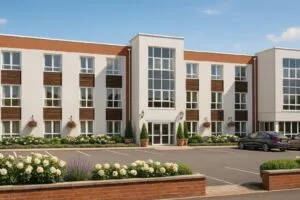 Modern three-story building with a combination of white walls, red brick, and wood panel accents. The entrance features large windows and potted plants. In front, there is a parking lot with one parked car and landscaped flower beds filled with white roses and greenery under a clear blue sky