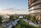 CGI of the riverside development building and London skyline