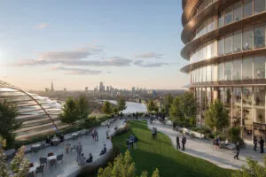 CGI of the riverside development building and London skyline