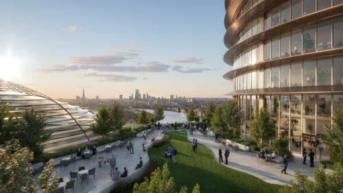 CGI of the riverside development building and London skyline