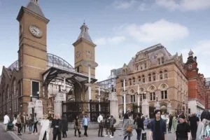 View of entrance from Hope Square. JMP's vision retains all the existing buildings including 50 Liverpool St (centre right). The proposed vaulted offices are visible between the towers