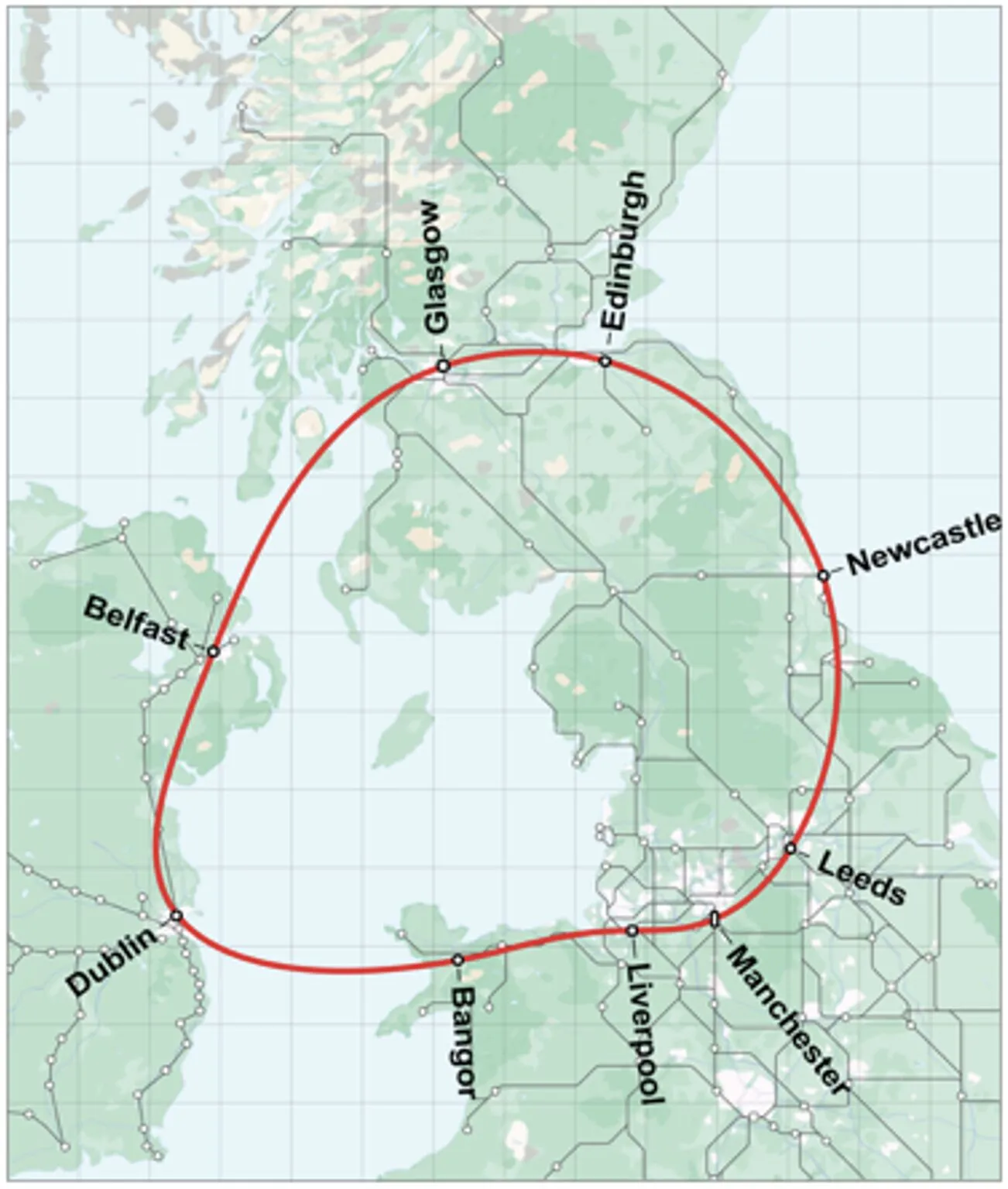 The Loop would connect Dublin, Belfast, Glasgow, Edinburgh, Newcastle, Leeds, Manchester, Liverpool and Bangor.