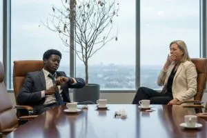 Two business people, bored waiting