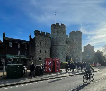 A pair of grade II-listed red telephone boxes in Canterbury, Kent