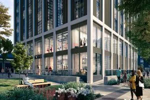 A CGI showing the exterior of Olympian Homes' Vivus Living co-living building planned for Canary Wharf
