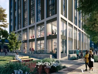 A CGI showing the exterior of Olympian Homes' Vivus Living co-living building planned for Canary Wharf