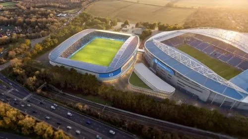CGI of a new stadium for Brighton women's team, next to the current stadium, the Amex